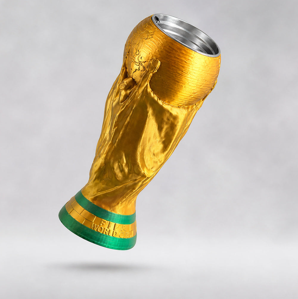 Gold soccer trophy replica tumbler mug